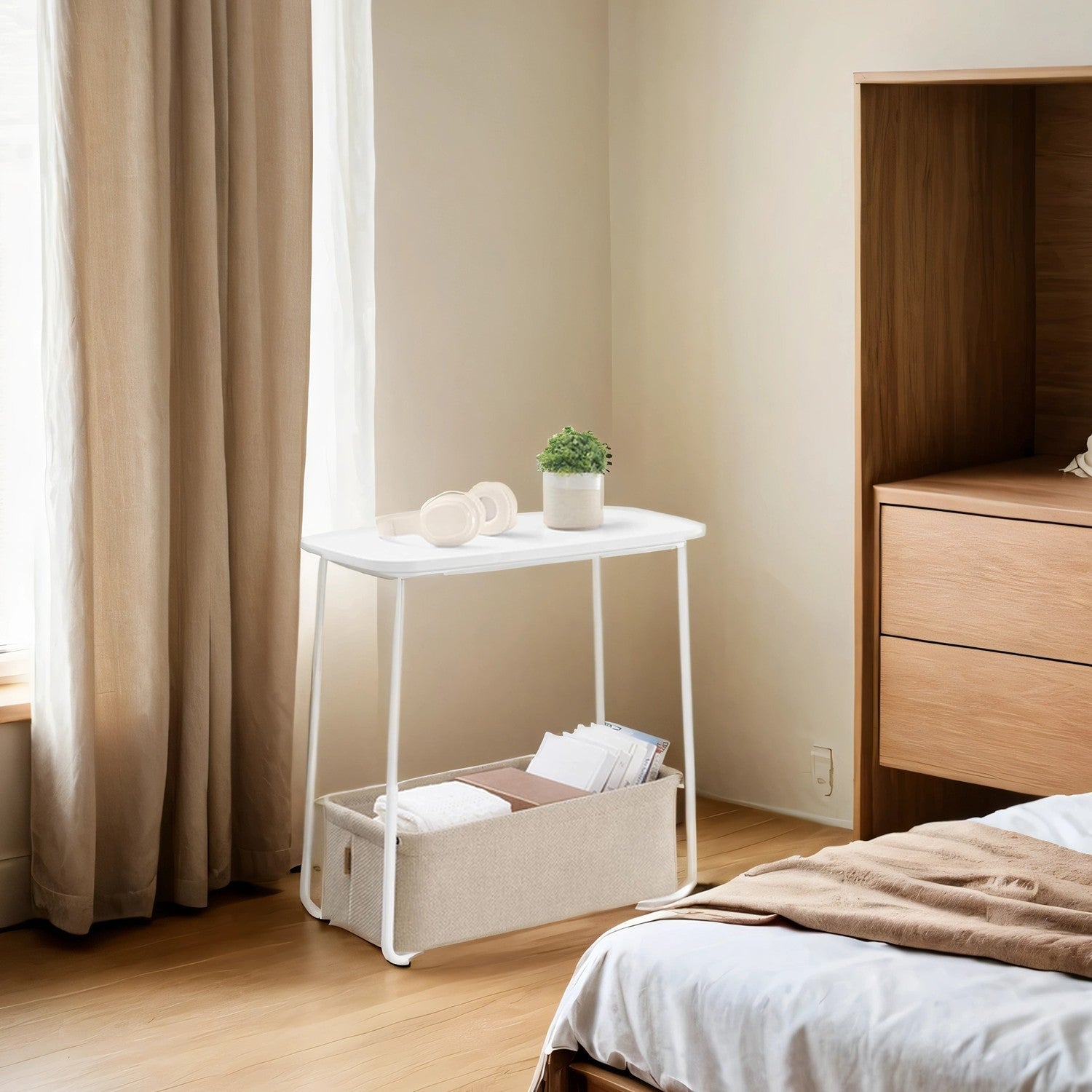 Bedside Table – MDF and Fabric – Matte White and Camel Brown – Modern Design with Fabric Basket