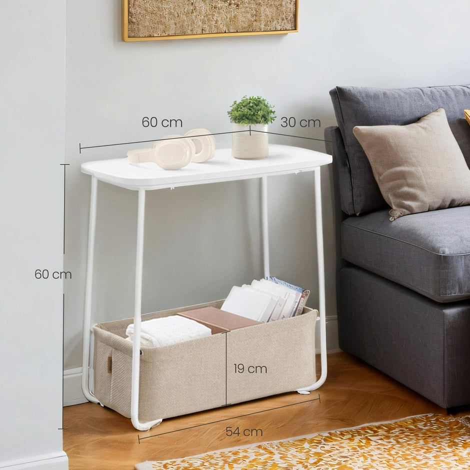 Bedside Table – MDF and Fabric – Matte White and Camel Brown – Modern Design with Fabric Basket