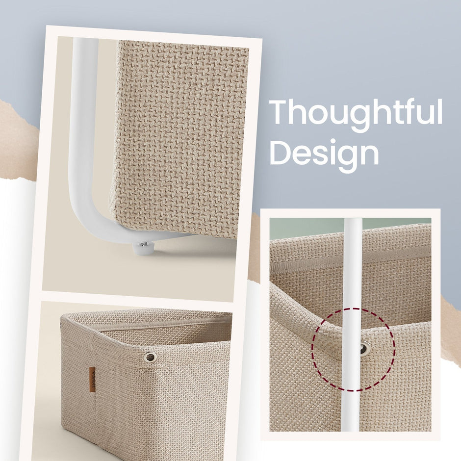 Bedside Table – MDF and Fabric – Matte White and Camel Brown – Modern Design with Fabric Basket