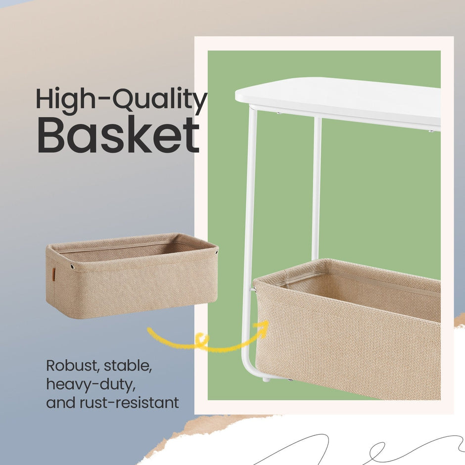 Bedside Table – MDF and Fabric – Matte White and Camel Brown – Modern Design with Fabric Basket