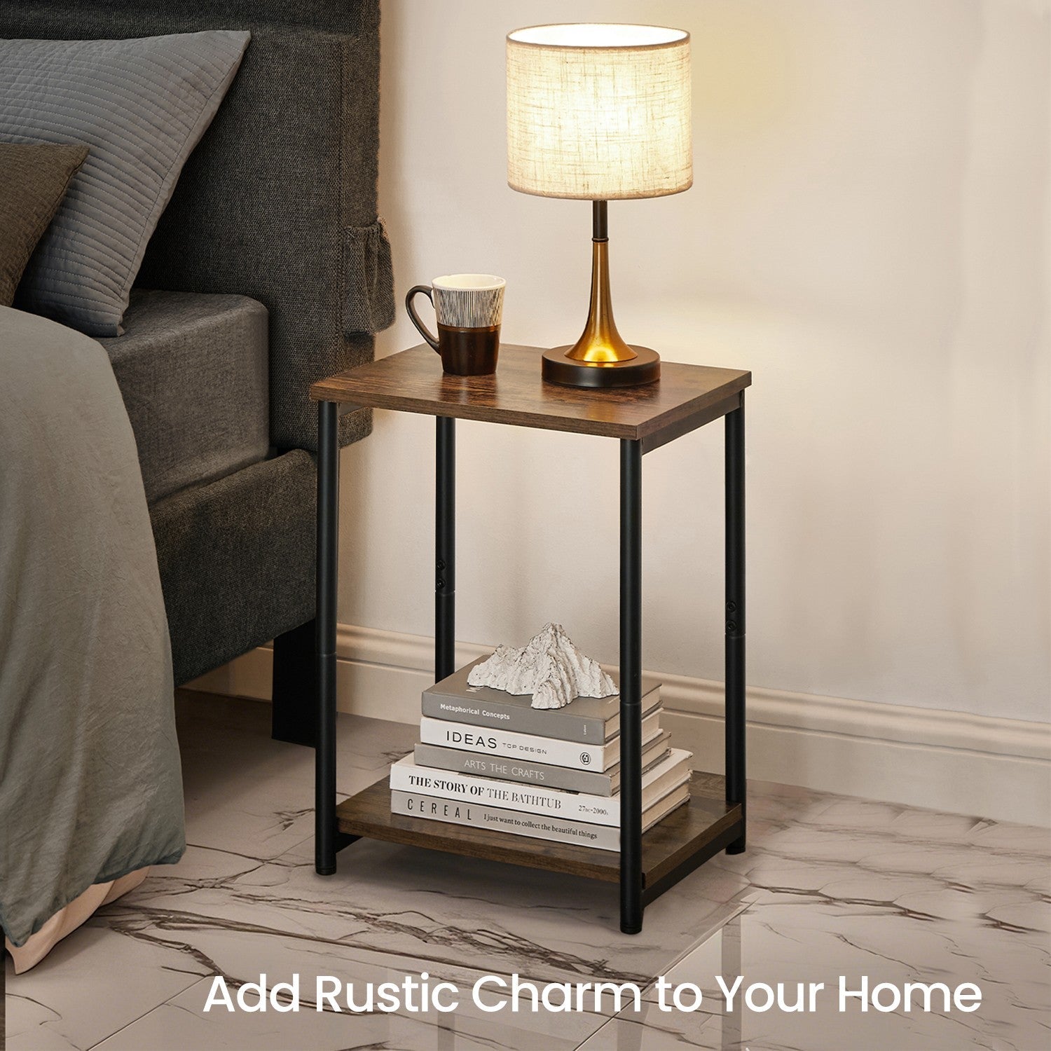 Side Table – Wood and Metal – Rustic Brown and Black – Versatile Design for Living Room, Bedroom, Office, and Bathroom