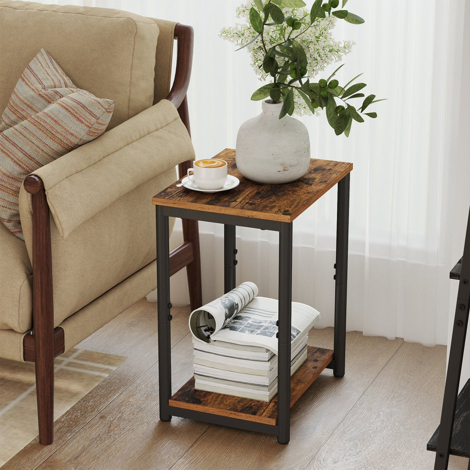 Set of 2 Side Tables – Wooden and Metal – Rustic Brown and Black – 2-Tier Design for Living Room and Bedroom