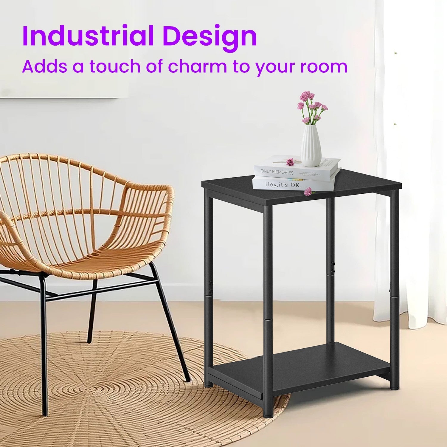 Set of 2 Side Tables – Wooden and Metal – Rustic Brown and Black – 2-Tier Design for Living Room and Bedroom