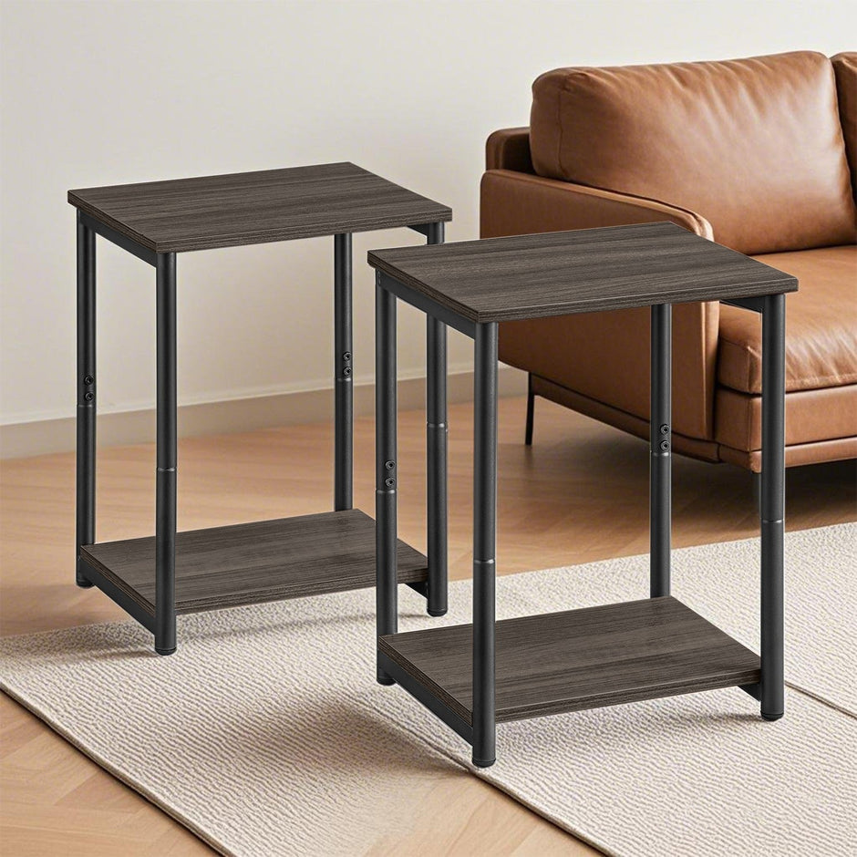 Set of 2 Side Tables – Wooden and Metal – Rustic Brown and Black – 2-Tier Design for Living Room and Bedroom