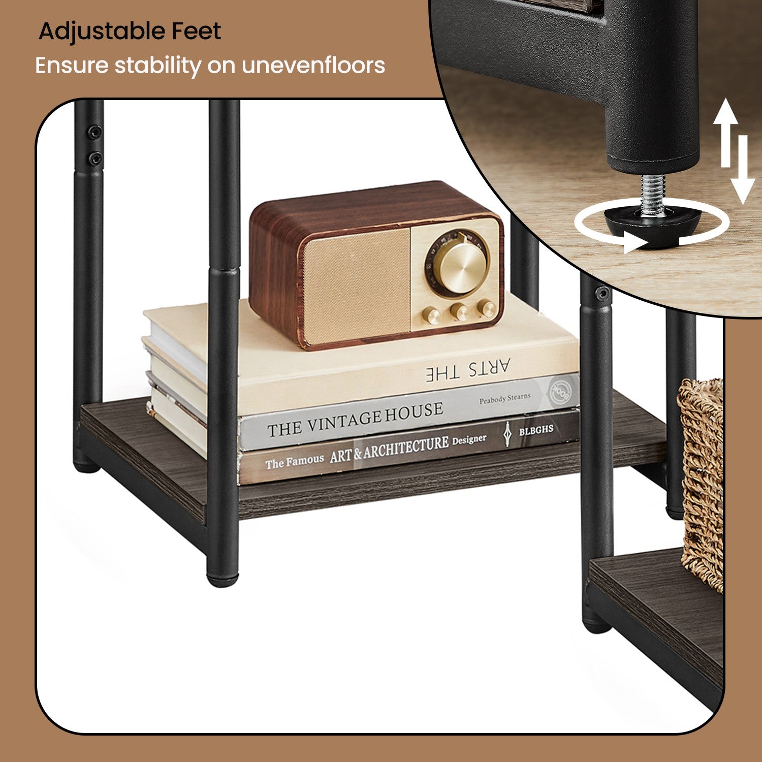 Set of 2 Side Tables – Wooden and Metal – Rustic Brown and Black – 2-Tier Design for Living Room and Bedroom