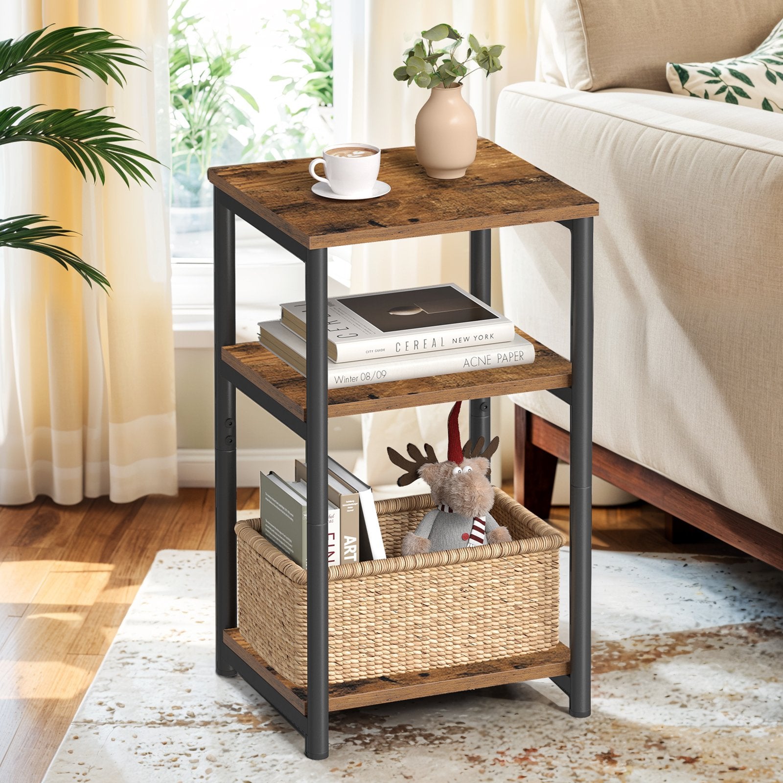 3-Tier End Table – Steel Frame – Rustic Brown and Ink Black – Versatile for Living Room, Bedroom, Office, and Bathroom