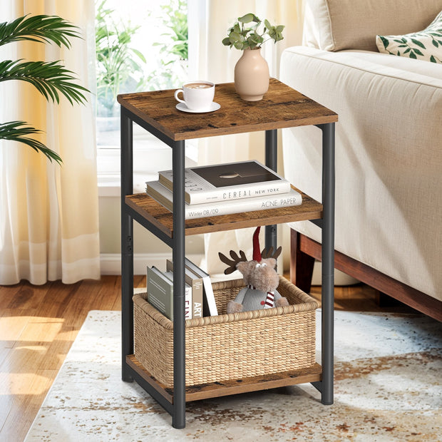 3-Tier End Table – Steel Frame – Rustic Brown and Ink Black – Versatile for Living Room, Bedroom, Office, and Bathroom