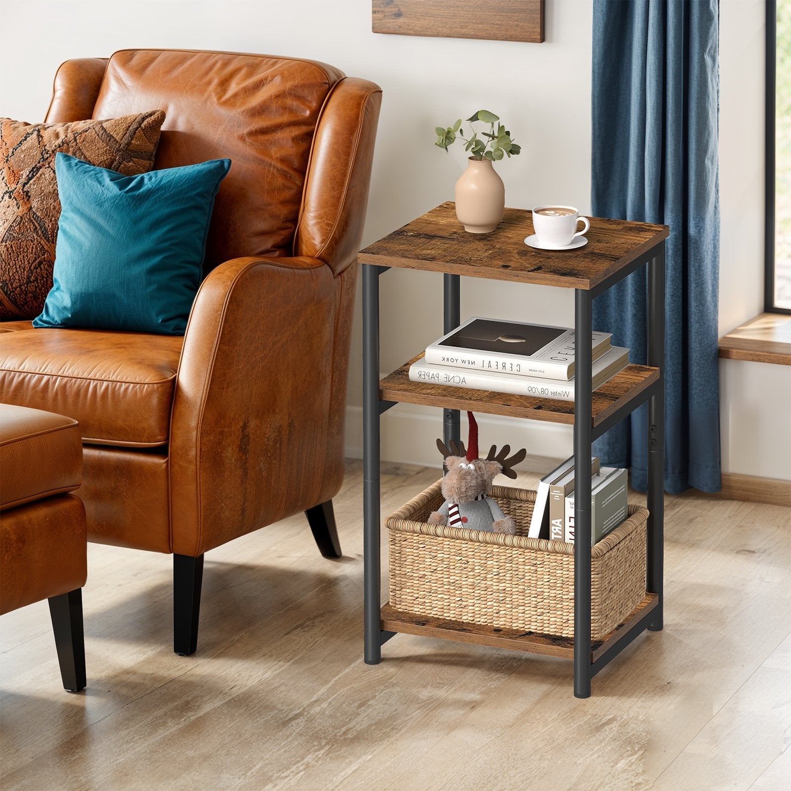 3-Tier End Table – Steel Frame – Rustic Brown and Ink Black – Versatile for Living Room, Bedroom, Office, and Bathroom