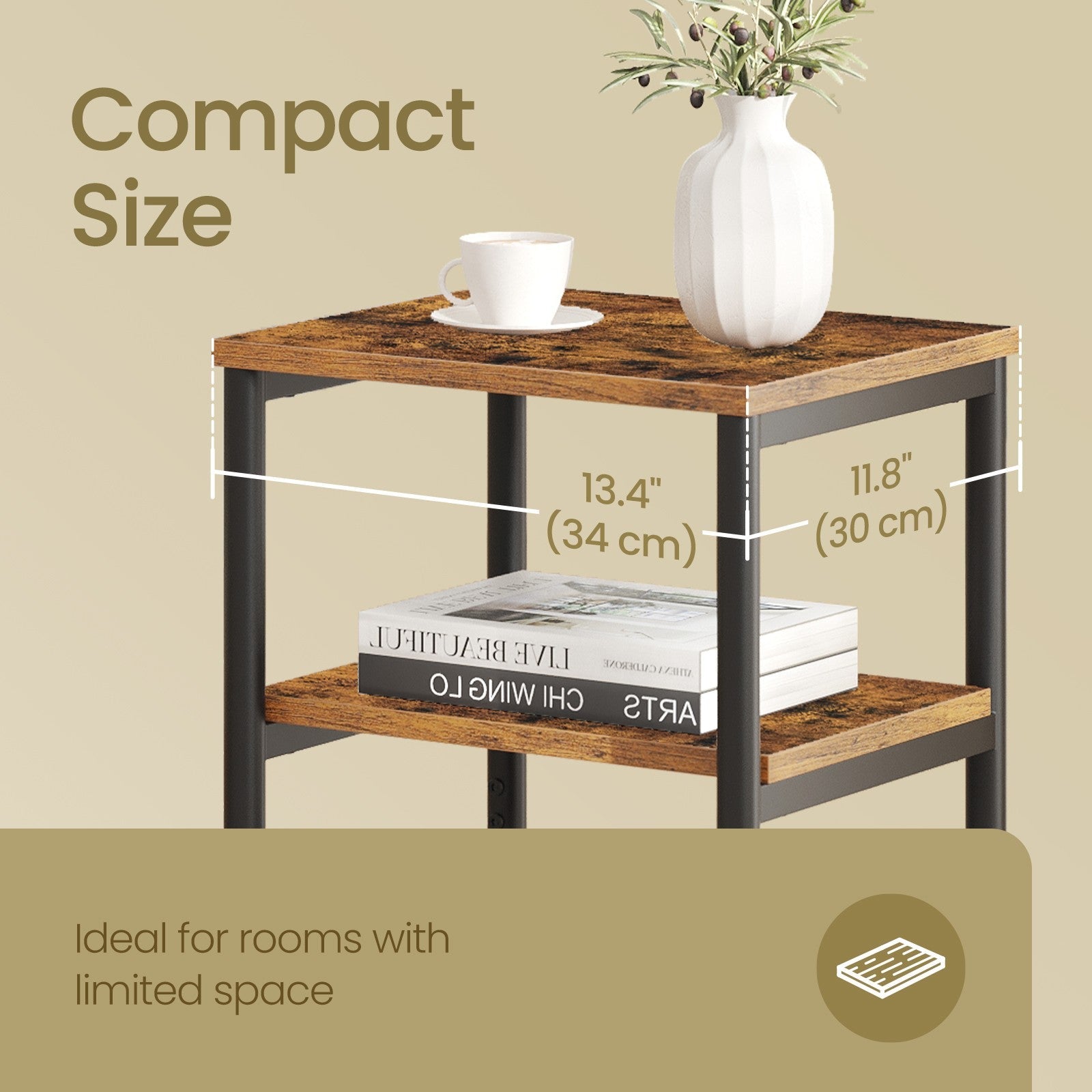 3-Tier End Table – Steel Frame – Rustic Brown and Ink Black – Versatile for Living Room, Bedroom, Office, and Bathroom
