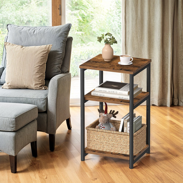 3-Tier End Table – Steel Frame – Rustic Brown and Ink Black – Versatile for Living Room, Bedroom, Office, and Bathroom