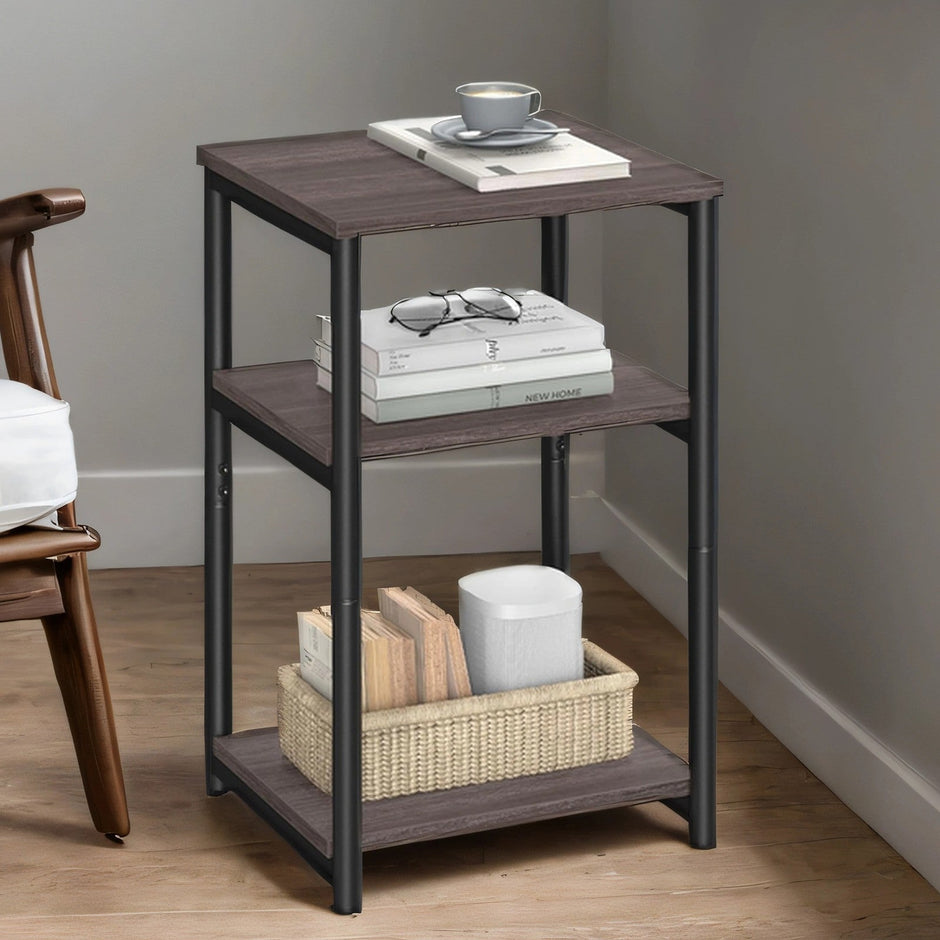 End Table – Wood – Rustic Brown and Ink Black – 3-Tier Design