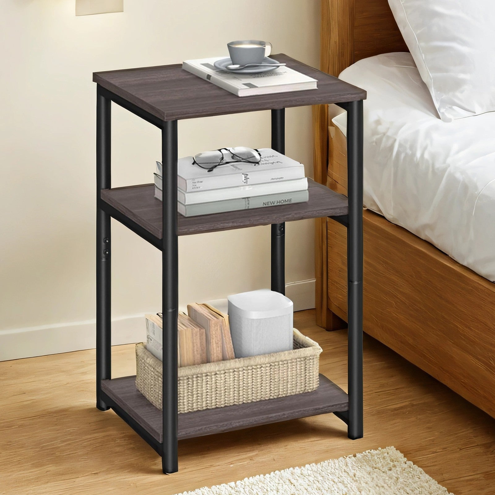 End Table – Wood – Rustic Brown and Ink Black – 3-Tier Design