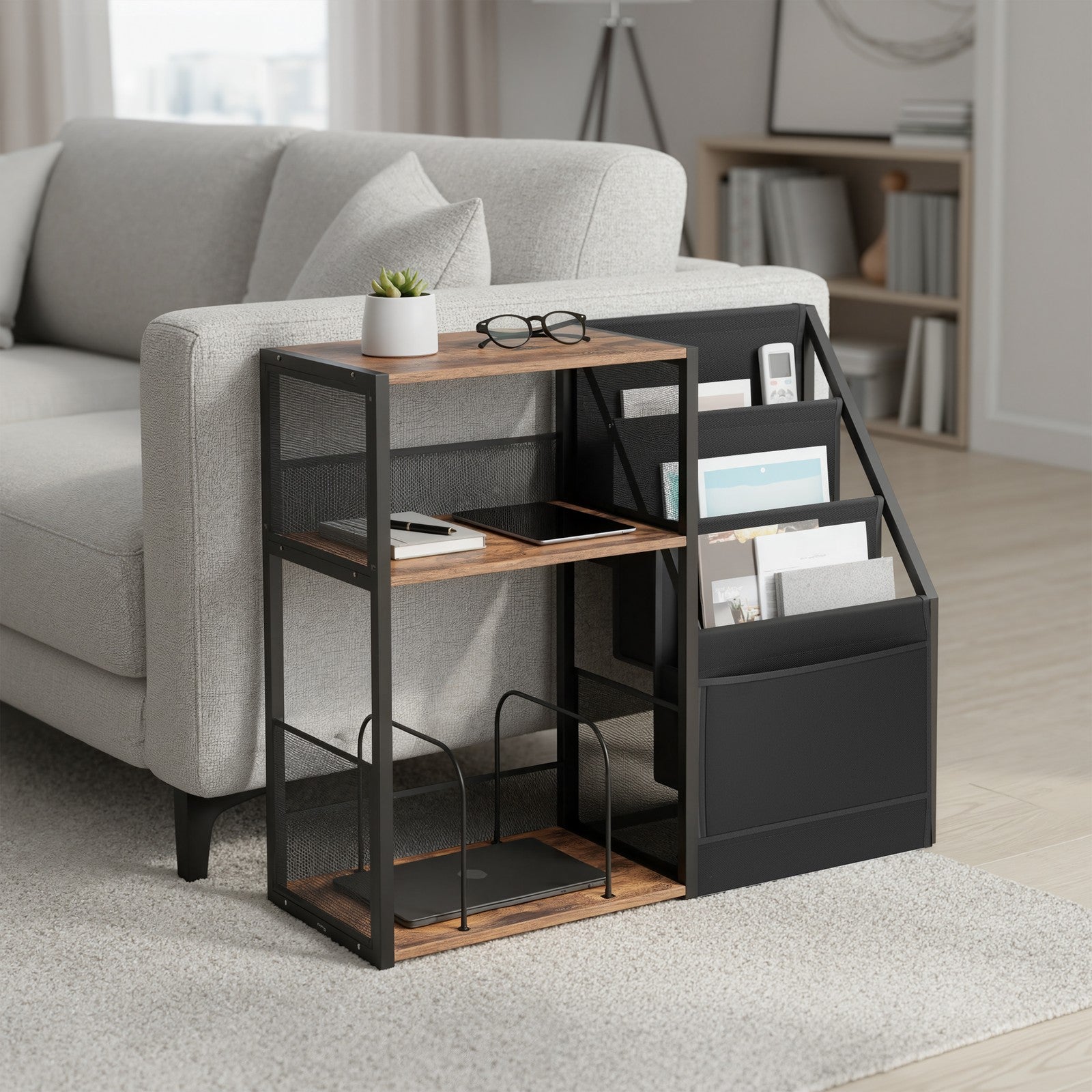 3-Tier End Table – Wood – Rustic Brown – Vinyl Record Storage for Up to 140 Albums