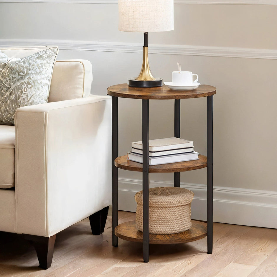 Round Coffee End Table – Steel – Rustic Brown and Black – 3-Tier Accent Design