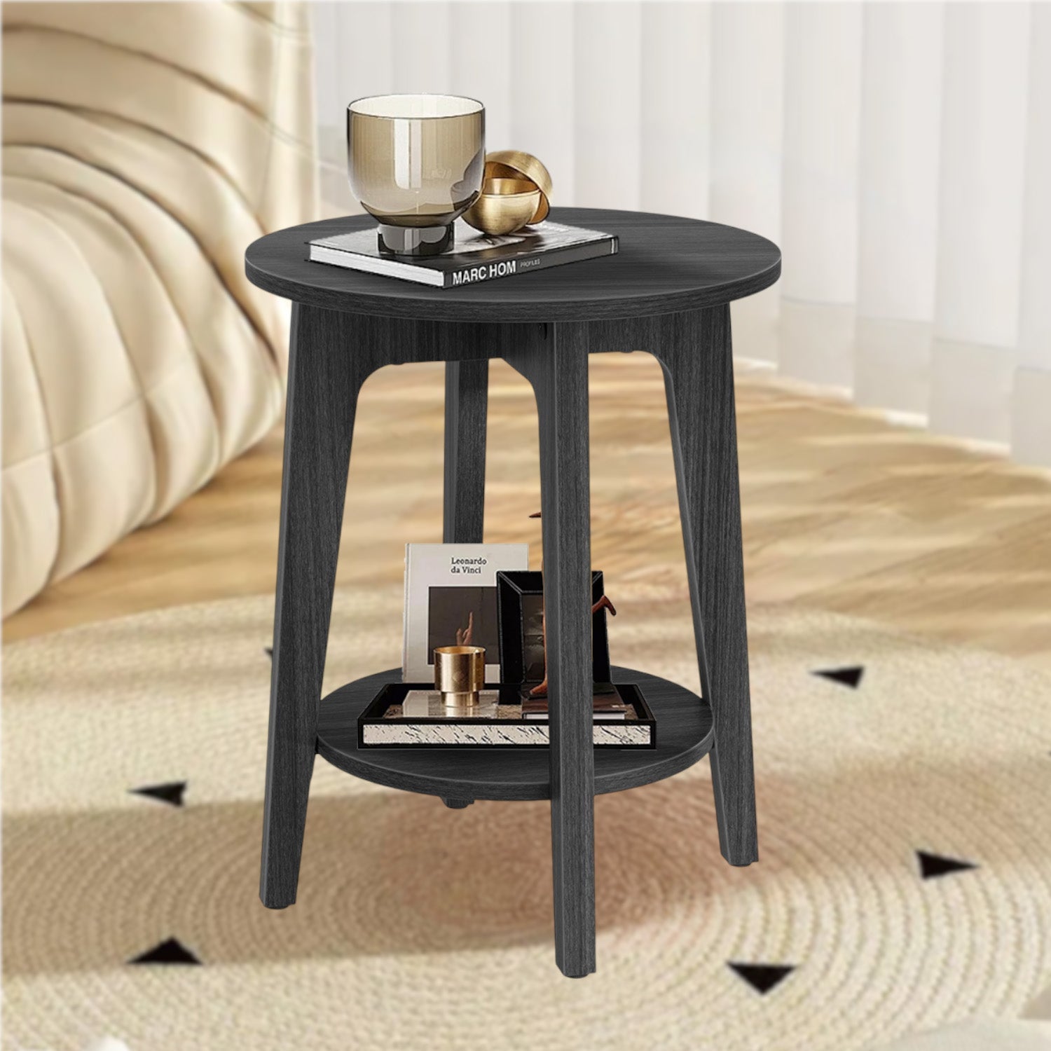 End Table – Metal and Wood – Black – Small Round with Bottom Shelf