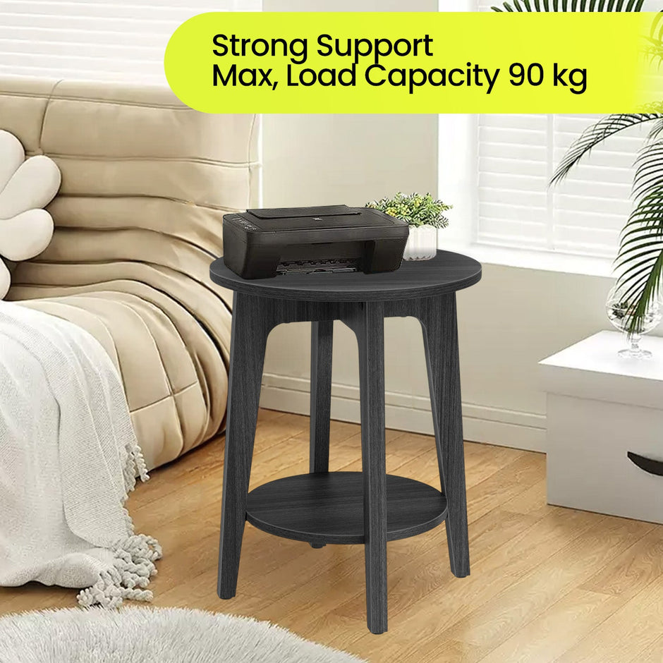End Table – Metal and Wood – Black – Small Round with Bottom Shelf