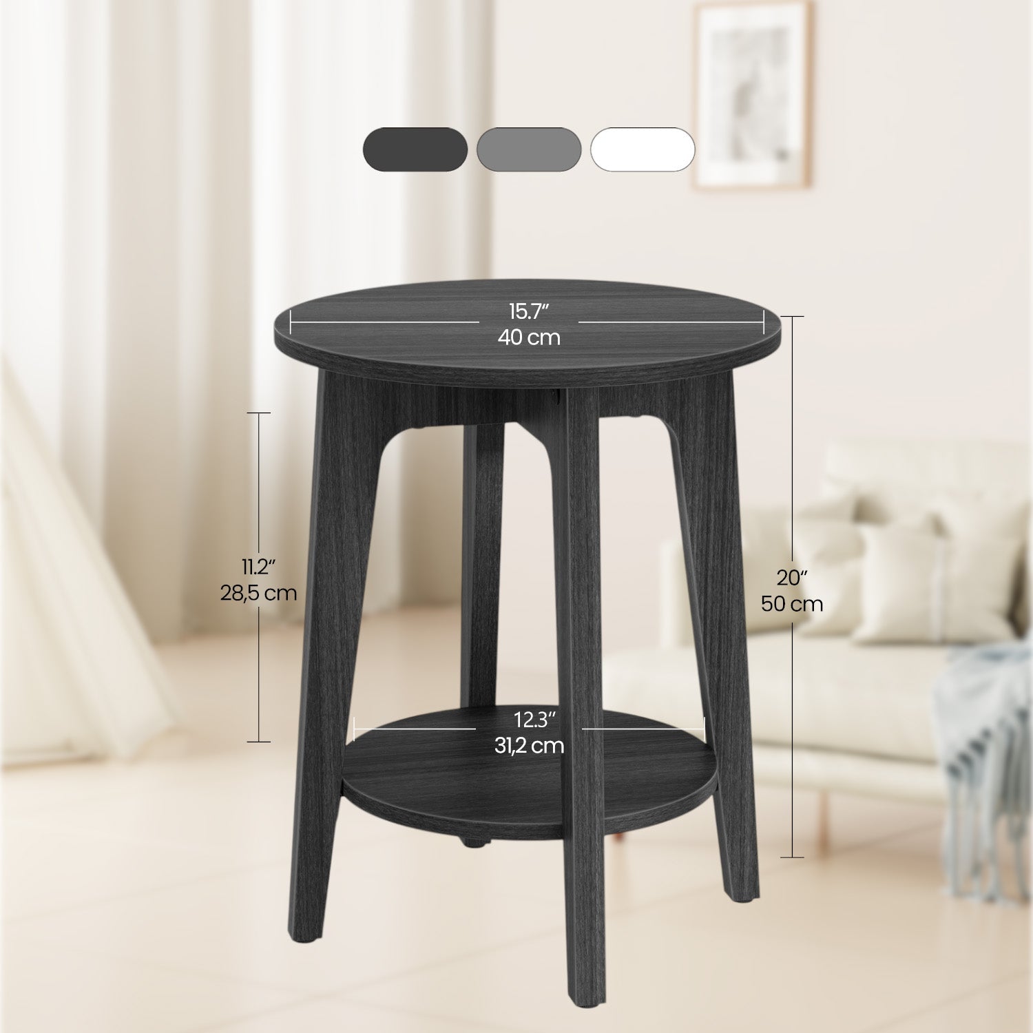 End Table – Metal and Wood – Black – Small Round with Bottom Shelf