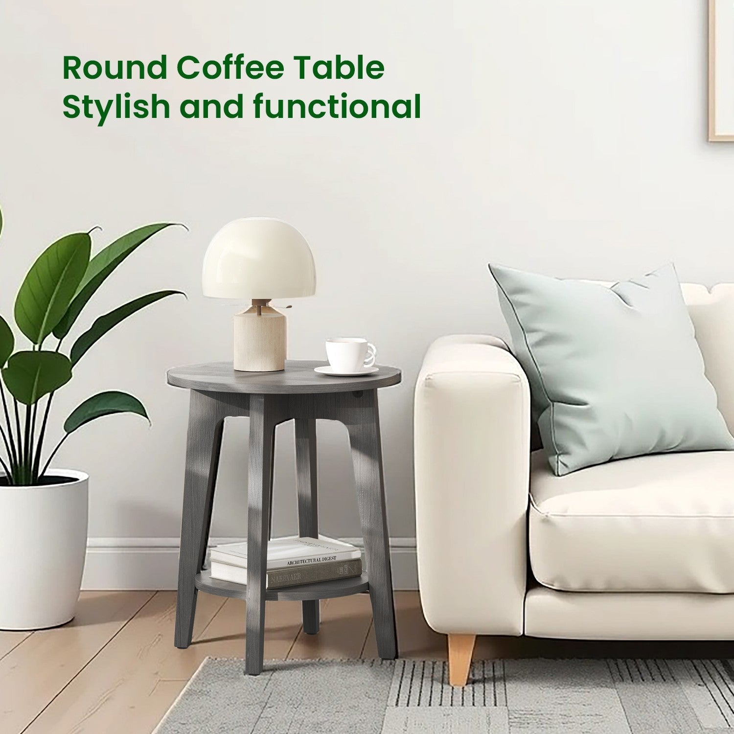 End Table – Metal and Wood – Black – Small Round with Bottom Shelf