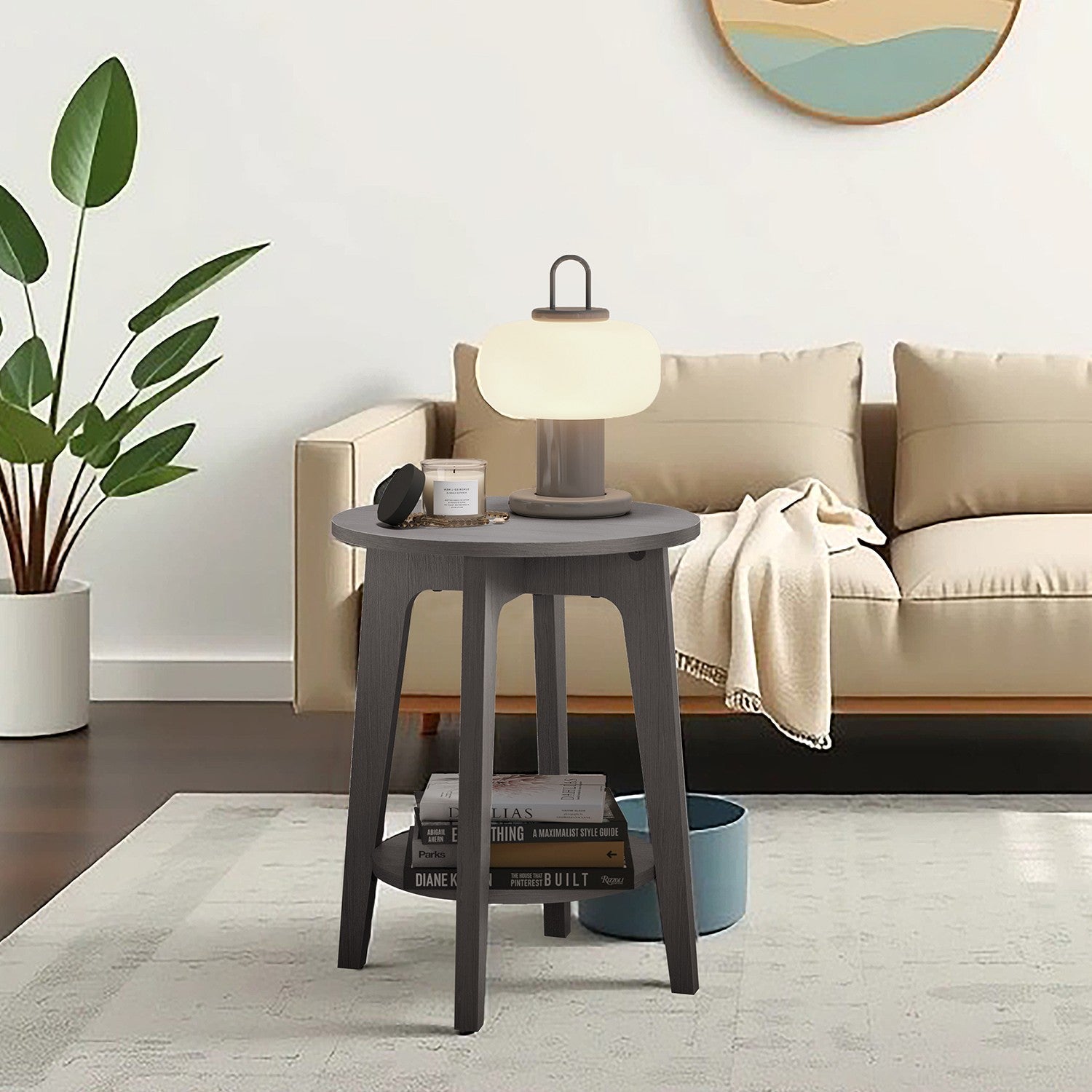 End Table – Metal and Wood – Black – Small Round with Bottom Shelf