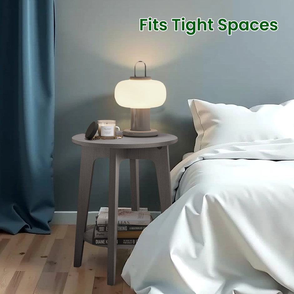 End Table – Metal and Wood – Black – Small Round with Bottom Shelf