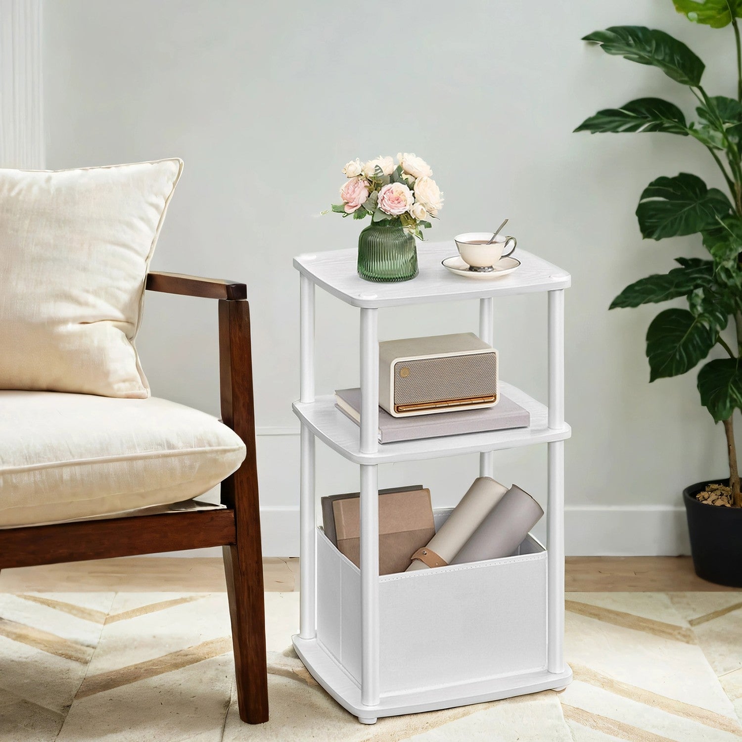 3-Tier Side Table – Fabric and Wood – Snow White – Toolless Assembly