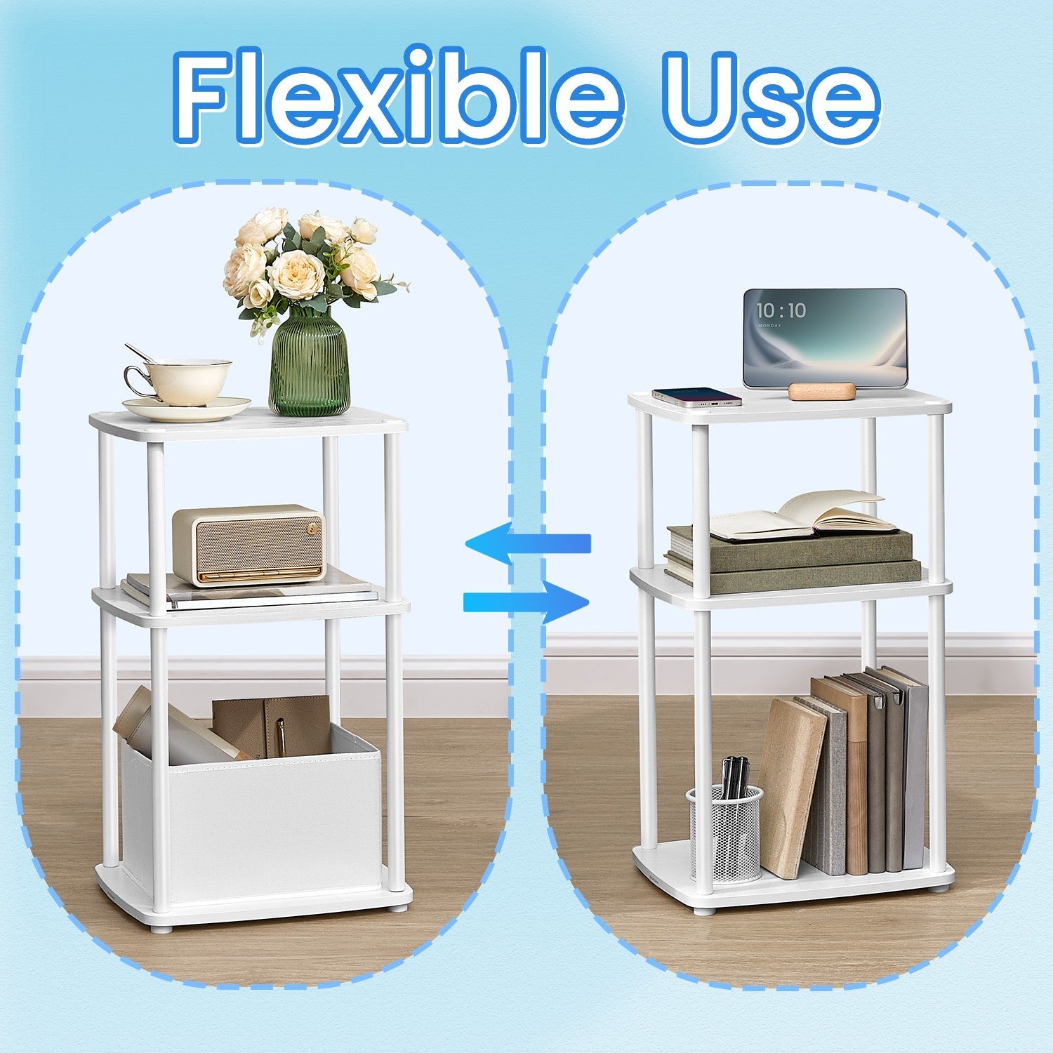 3-Tier Side Table – Fabric and Wood – Snow White – Toolless Assembly