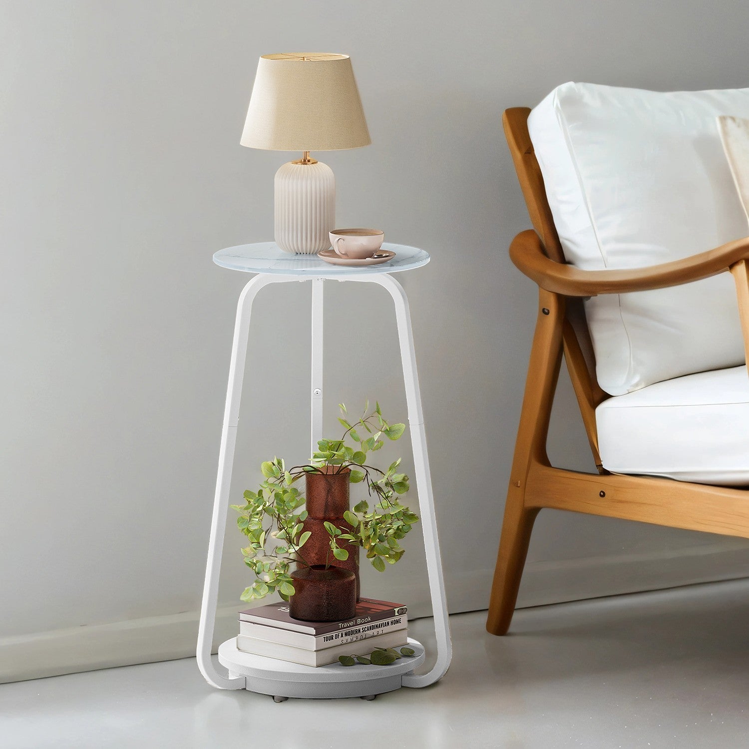 Round Side Table – Particleboard and Glass – Marble White – 2-Tier Design for Living Room and Bedroom