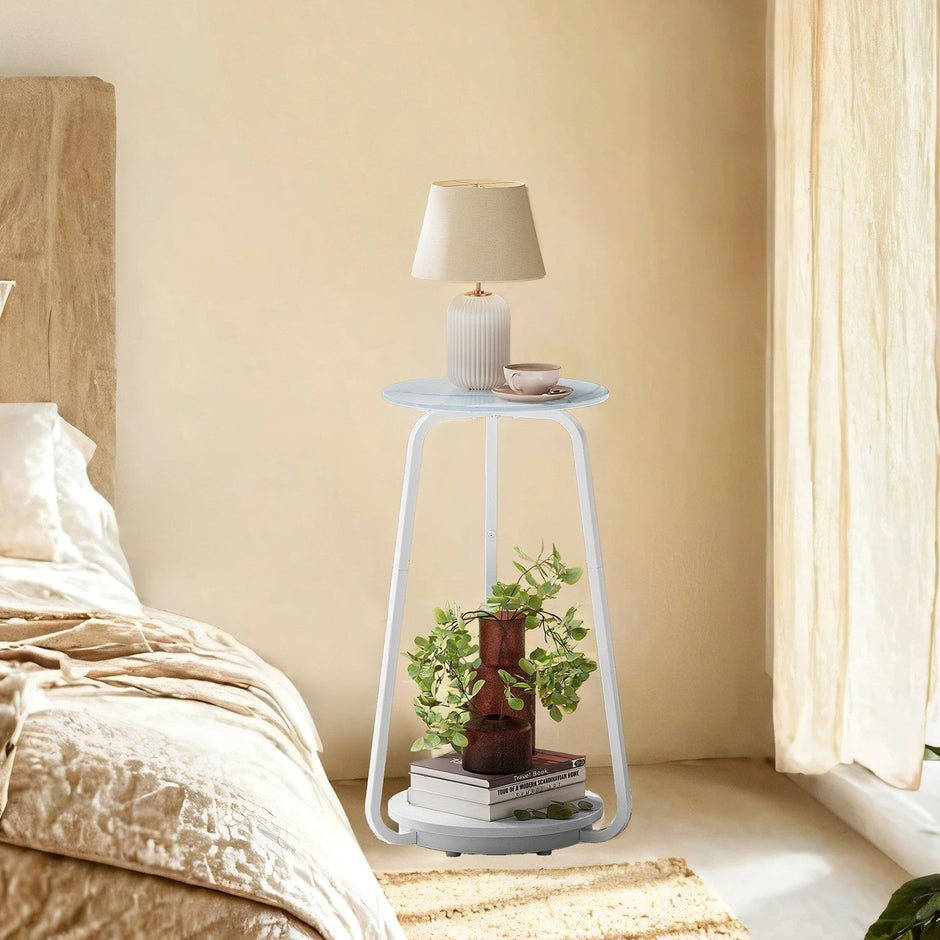 Round Side Table – Particleboard and Glass – Marble White – 2-Tier Design for Living Room and Bedroom