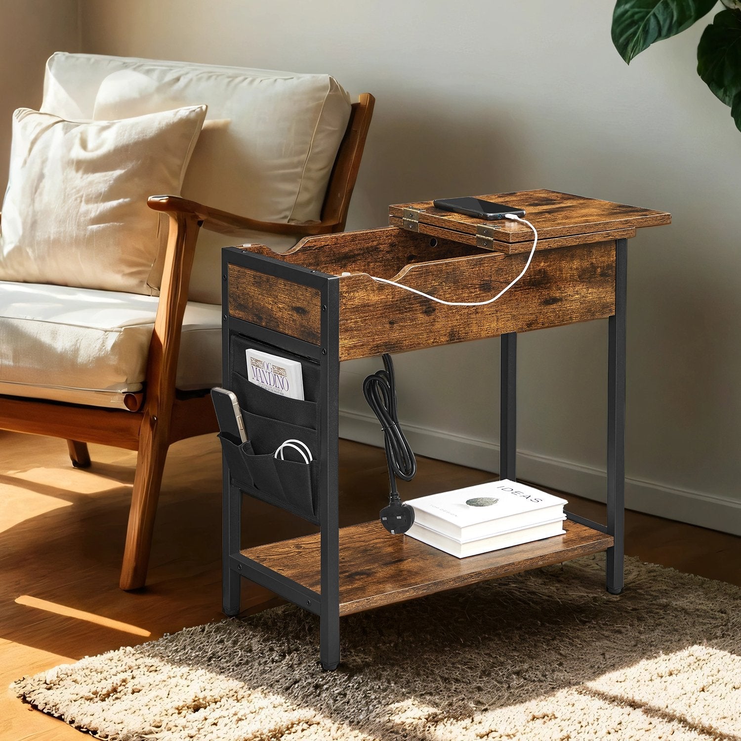 Slim Side Table – Wood and Fabric – Rustic Brown and Black – Integrated Charging Station and Storage