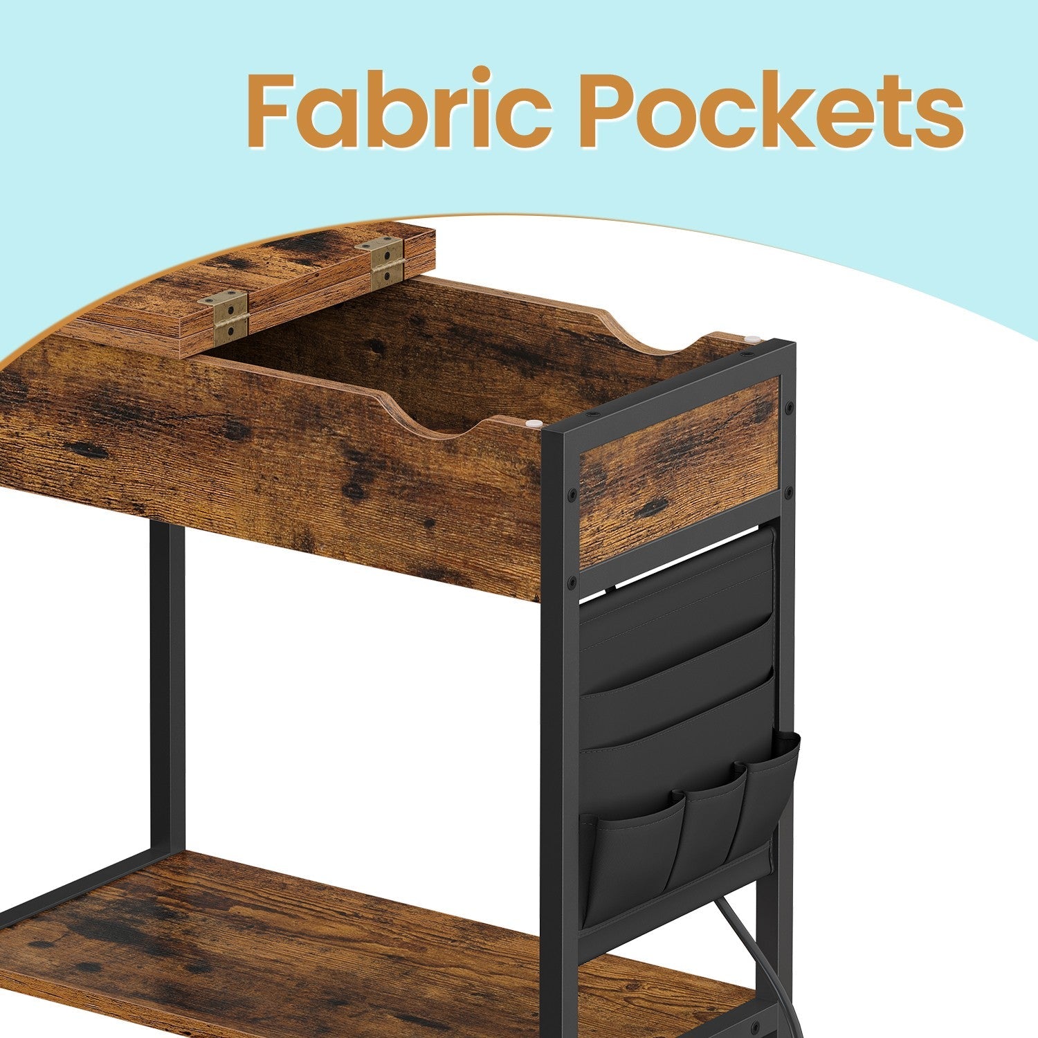 Slim Side Table – Wood and Fabric – Rustic Brown and Black – Integrated Charging Station and Storage