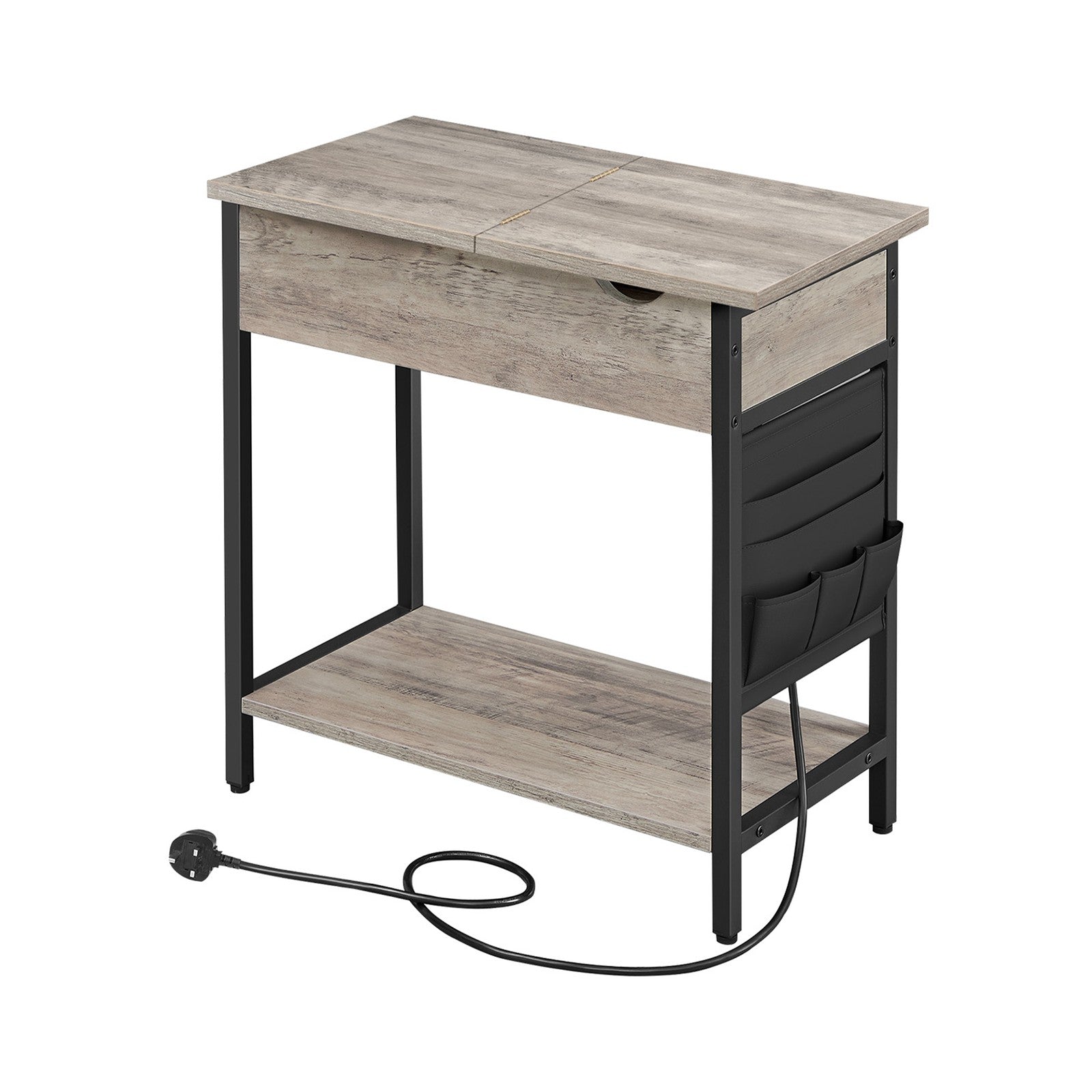 Narrow Nightstand – Wood and Metal – Rustic Brown and Black – Integrated Charging Station with USB Ports and Storage Bags