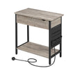 Narrow Nightstand – Wood and Metal – Rustic Brown and Black – Integrated Charging Station with USB Ports and Storage Bags