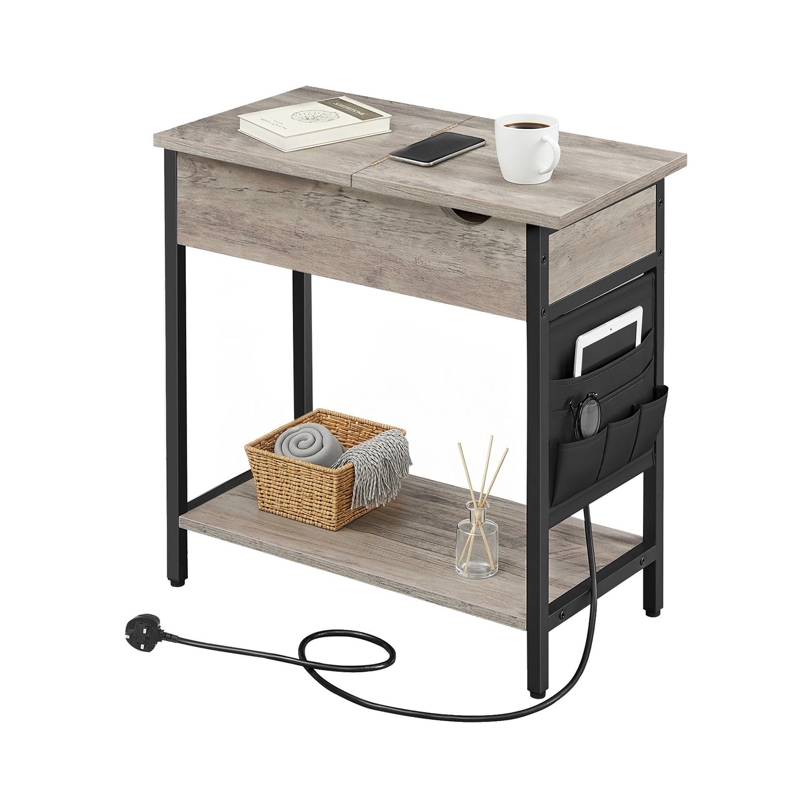 Narrow Nightstand – Wood and Metal – Rustic Brown and Black – Integrated Charging Station with USB Ports and Storage Bags
