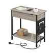 Narrow Nightstand – Wood and Metal – Rustic Brown and Black – Integrated Charging Station with USB Ports and Storage Bags