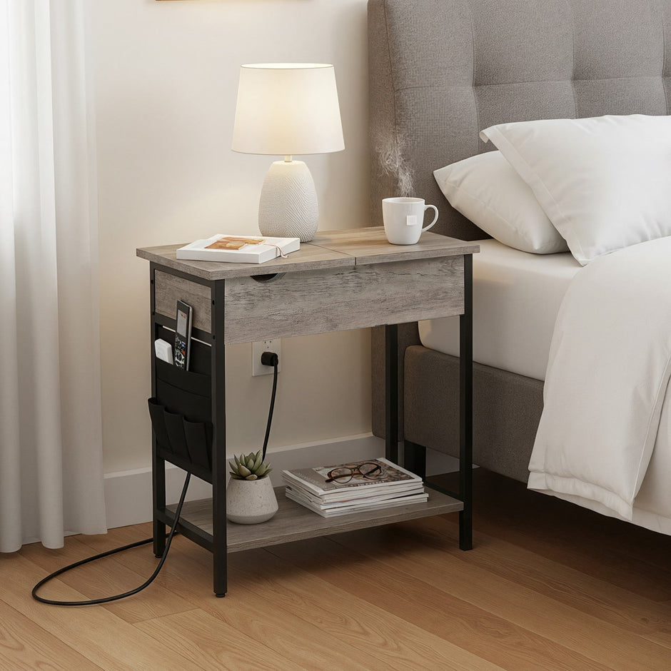 Narrow Nightstand – Wood and Metal – Rustic Brown and Black – Integrated Charging Station with USB Ports and Storage Bags