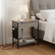 Narrow Nightstand – Wood and Metal – Rustic Brown and Black – Integrated Charging Station with USB Ports and Storage Bags