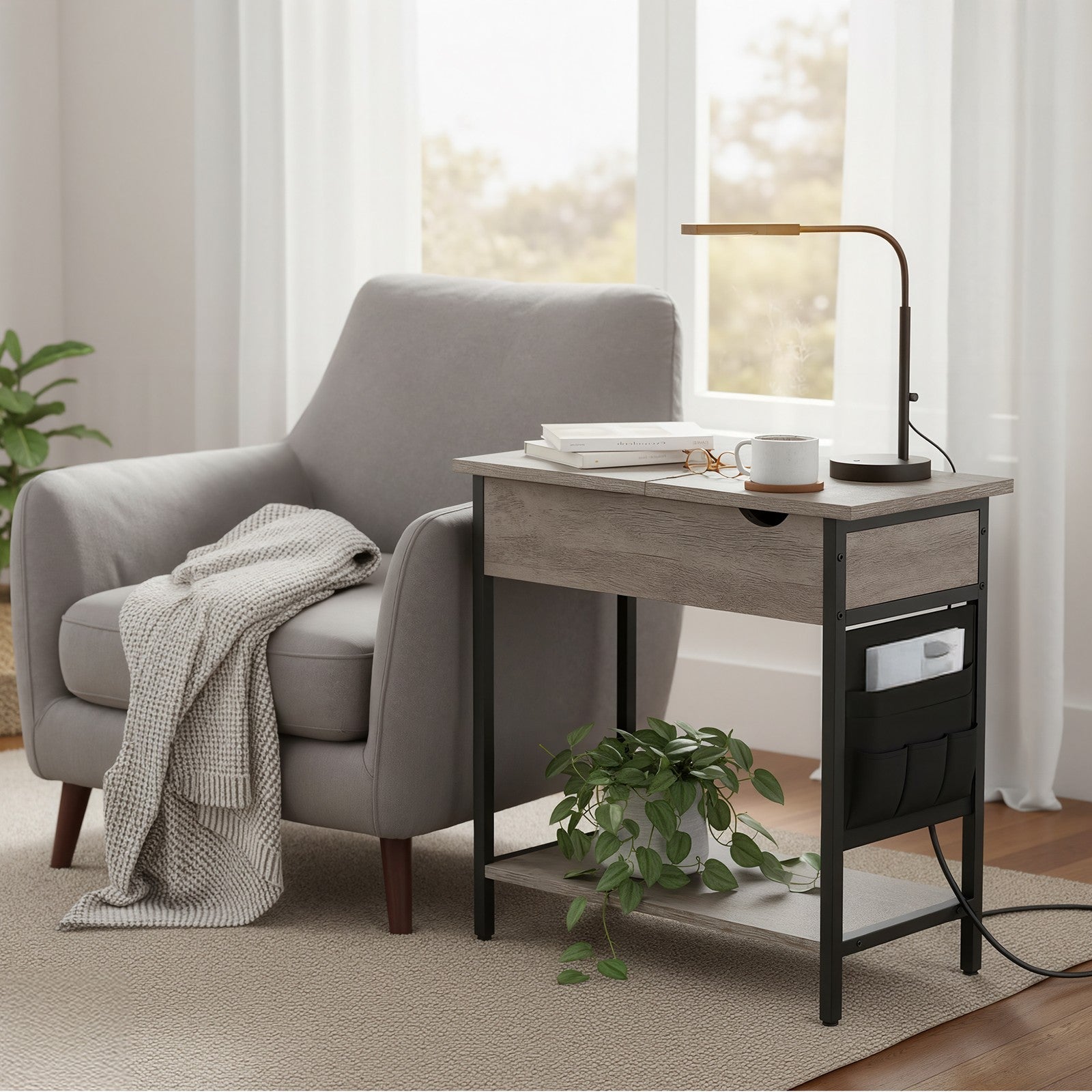 Narrow Nightstand – Wood and Metal – Rustic Brown and Black – Integrated Charging Station with USB Ports and Storage Bags