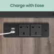 Narrow Nightstand – Wood and Metal – Rustic Brown and Black – Integrated Charging Station with USB Ports and Storage Bags