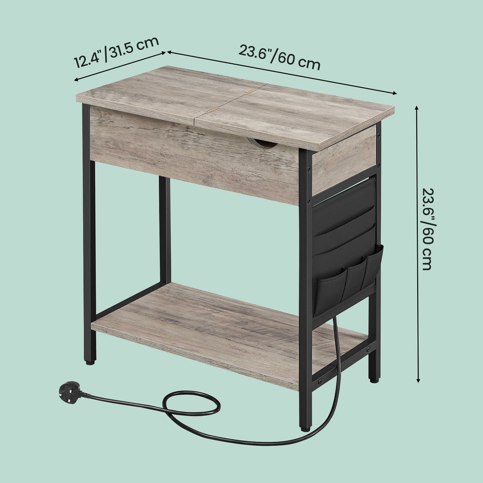 Narrow Nightstand – Wood and Metal – Rustic Brown and Black – Integrated Charging Station with USB Ports and Storage Bags