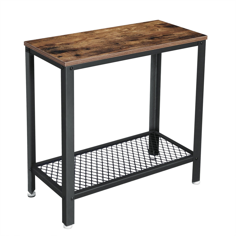 Narrow Side End Table – Iron – Rustic Brown – 2-Tier with Mesh Shelf and Space-Saving Design