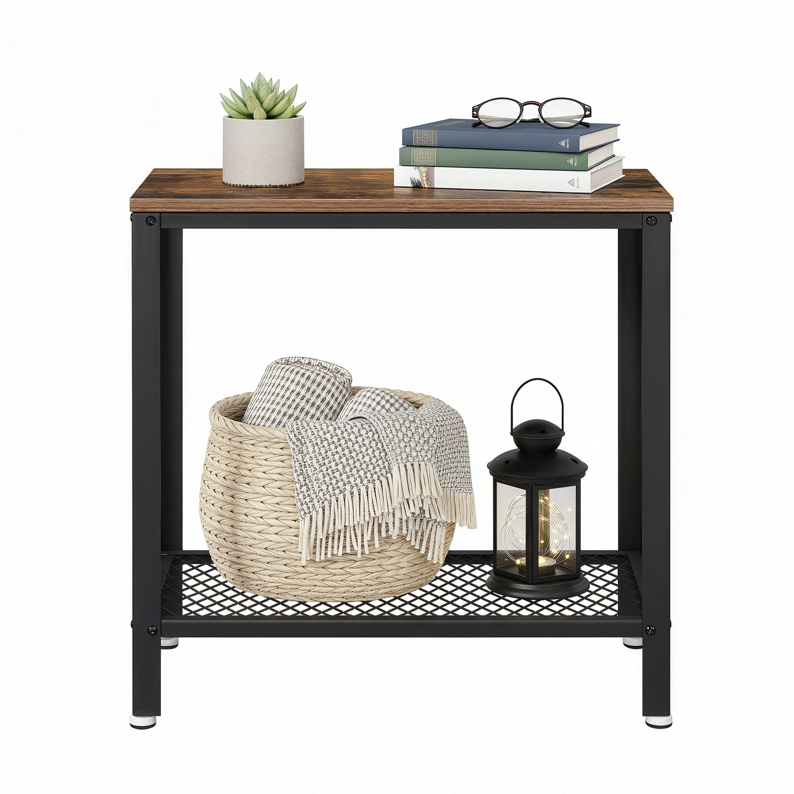 Narrow Side End Table – Iron – Rustic Brown – 2-Tier with Mesh Shelf and Space-Saving Design