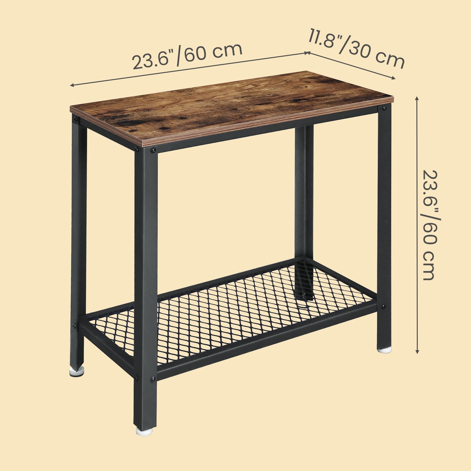 Narrow Side End Table – Iron – Rustic Brown – 2-Tier with Mesh Shelf and Space-Saving Design