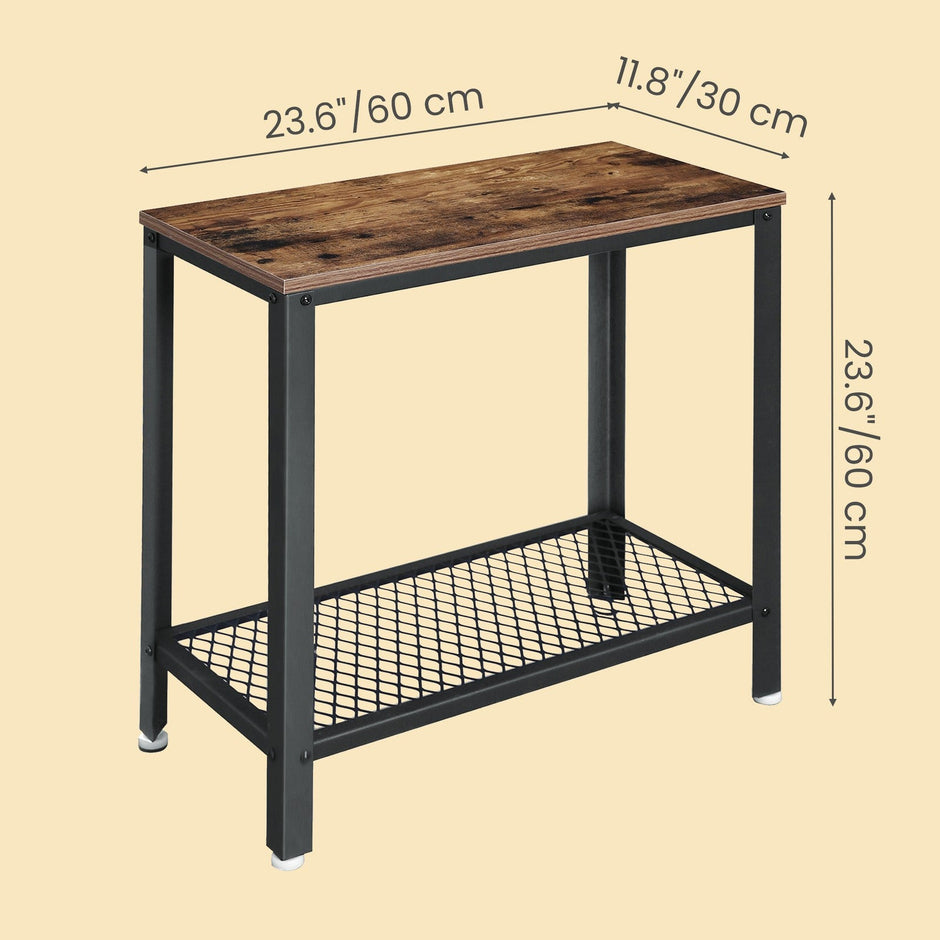 Narrow Side End Table – Iron – Rustic Brown – 2-Tier with Mesh Shelf and Space-Saving Design