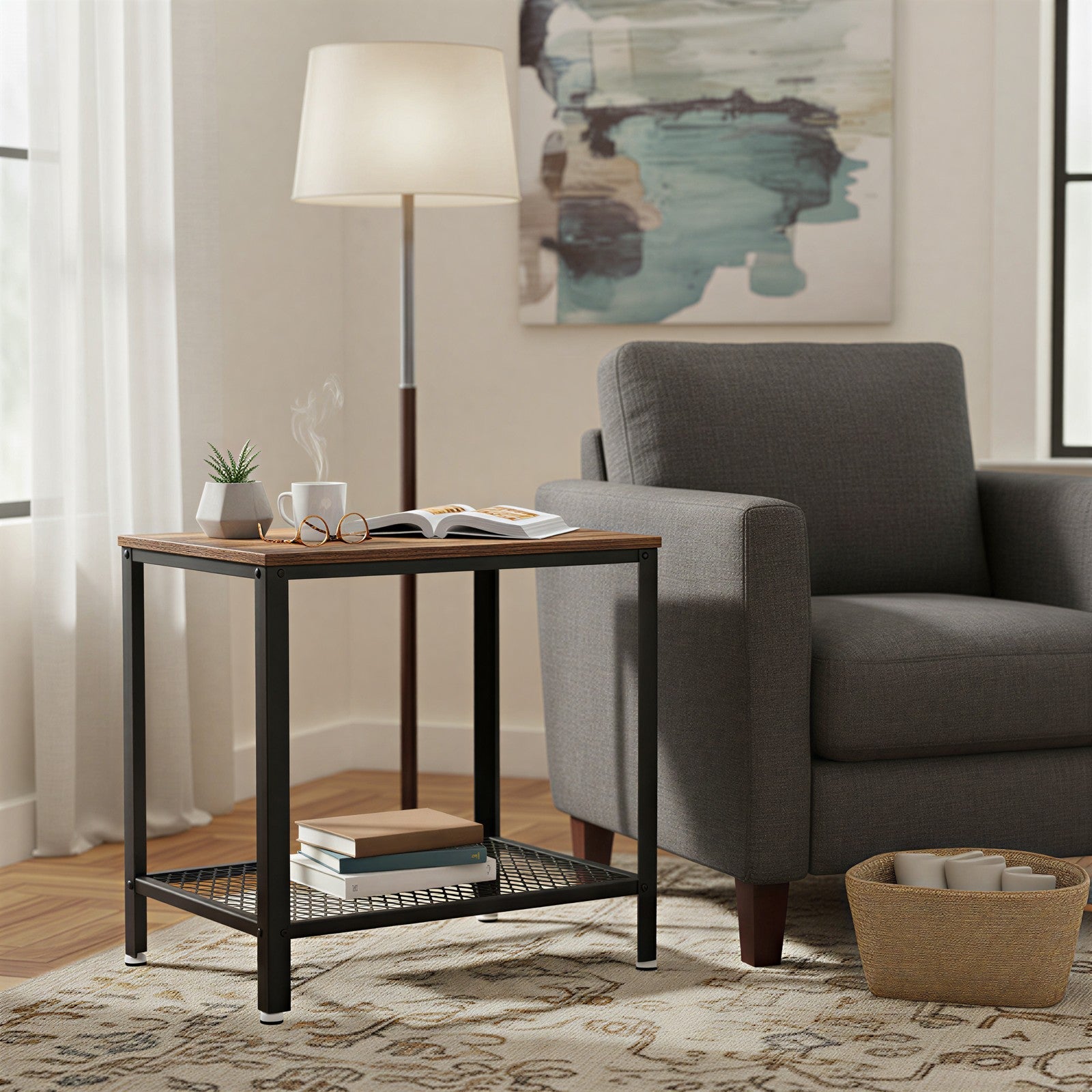 Narrow Side End Table – Iron – Rustic Brown – 2-Tier with Mesh Shelf and Space-Saving Design