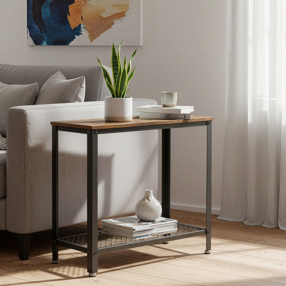 Narrow Side End Table – Iron – Rustic Brown – 2-Tier with Mesh Shelf and Space-Saving Design