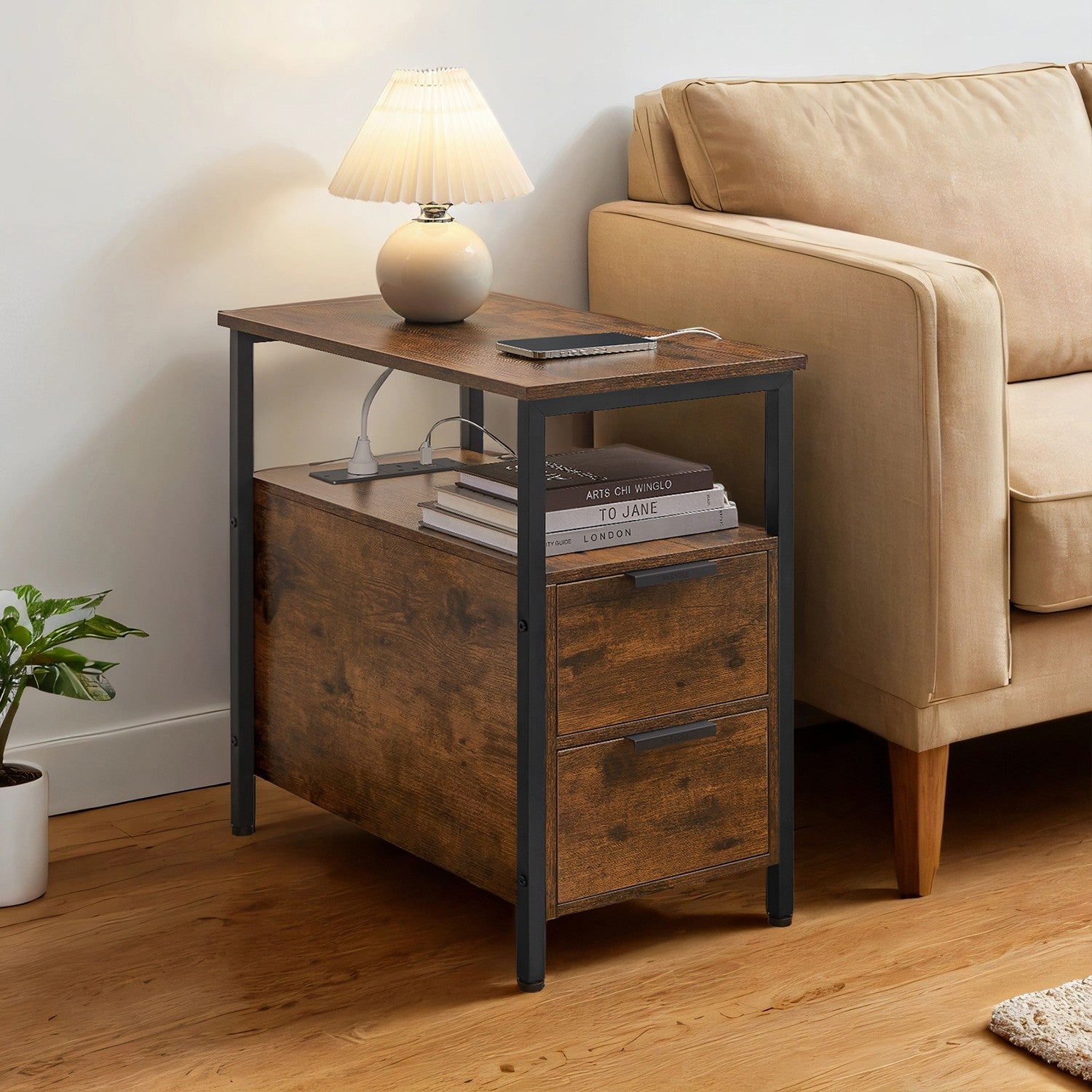 Narrow End Table – Wood and Metal – Rustic Brown and Classic Black – Featuring Charging Station and 2 Drawers