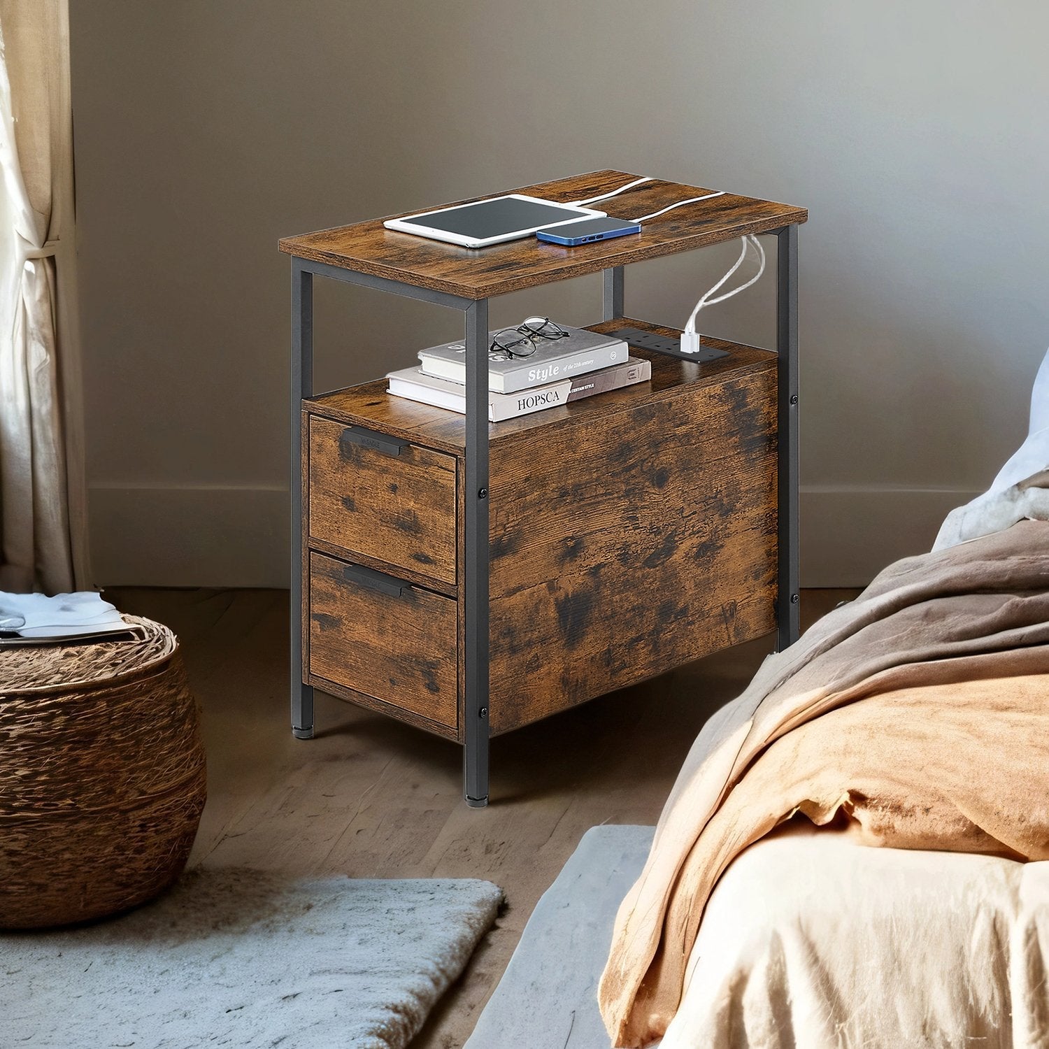 Narrow End Table – Wood and Metal – Rustic Brown and Classic Black – Featuring Charging Station and 2 Drawers