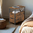 Narrow End Table – Wood and Metal – Rustic Brown and Classic Black – Featuring Charging Station and 2 Drawers