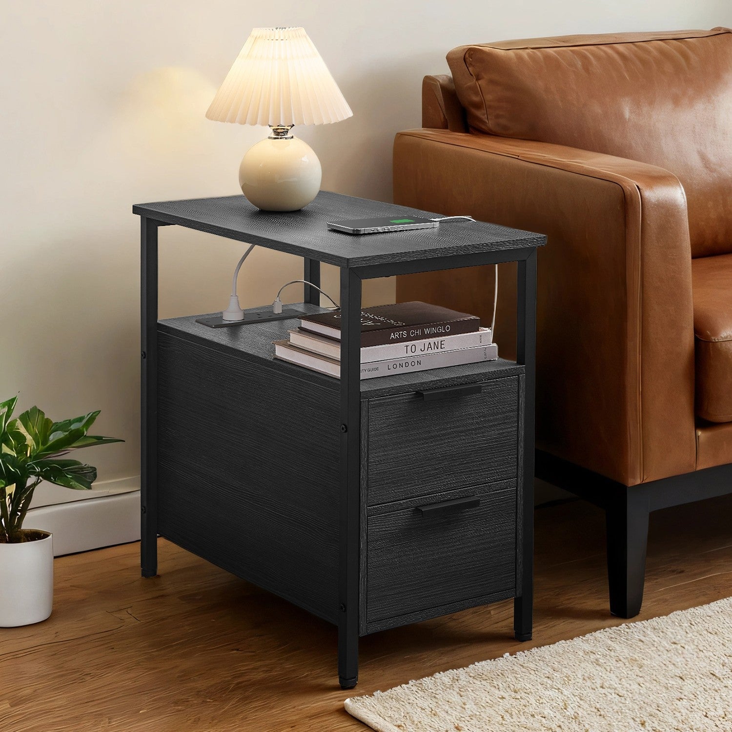Narrow End Table – Wood – Grey and Black – Features 2 Drawers and Charging Station