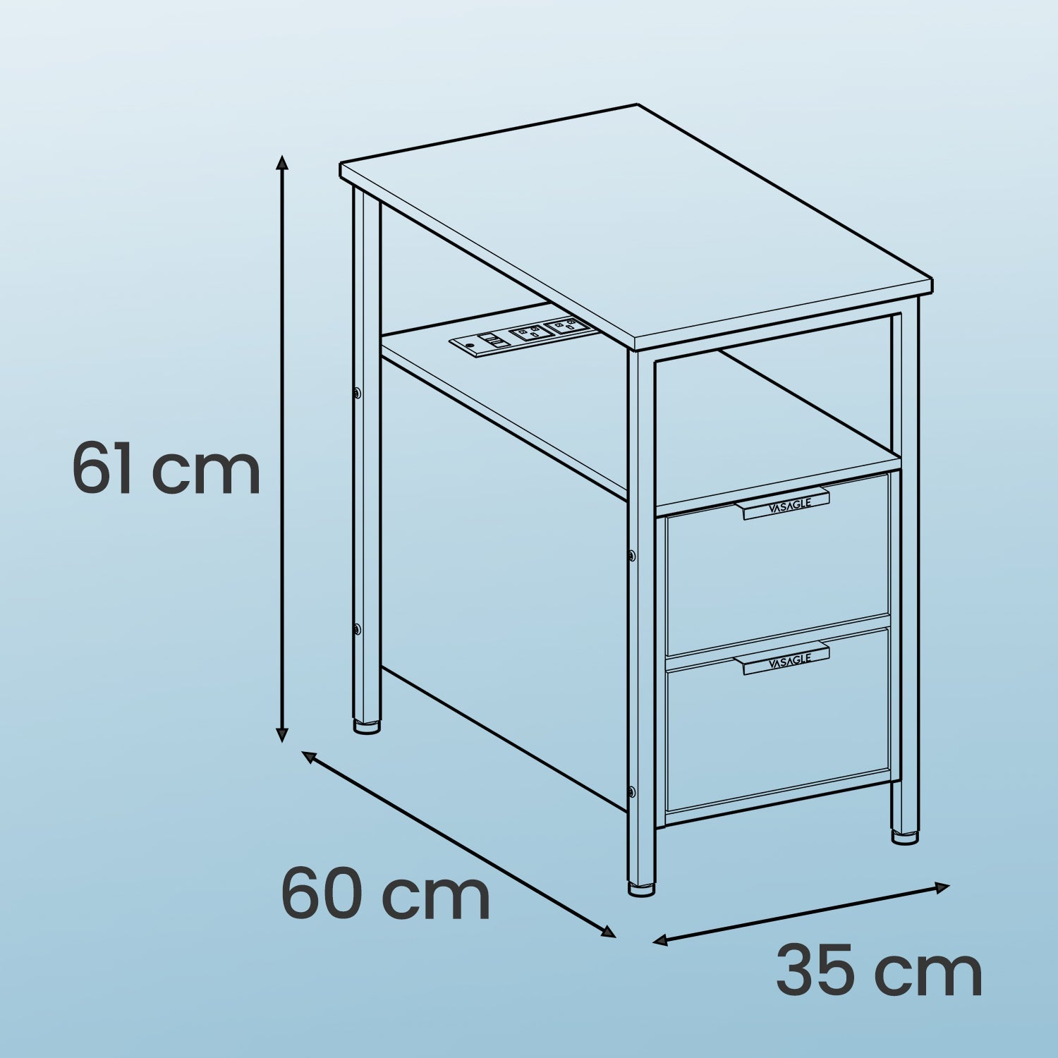 Narrow End Table – Wood – Grey and Black – Features 2 Drawers and Charging Station